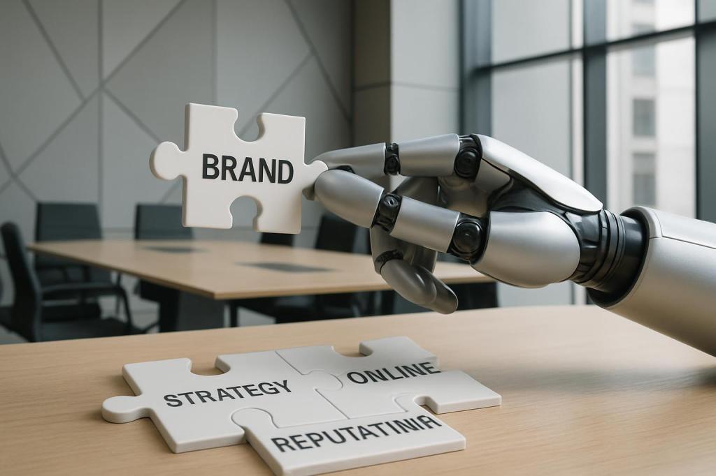 the desk shows a robotic hand holding a puzzle jigsaw piece with the word brand printed on it, showing three more puzzle p...